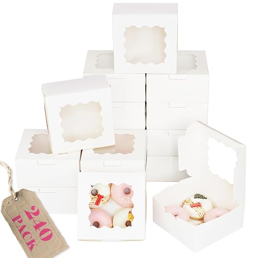 Bakepacker 240pcs White Cookie Boxes 6x6x3 inches Easy Assemble Macaroon Pastry Boxes Bakery Boxes with Window for Bakery