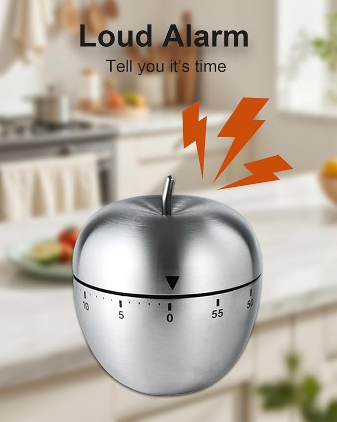Kitchen Timer for Cooking, 60 Minutes Mechanical Timer - No Batteries Required, Stainless Steel Apple-Shape Cute Countdown Clock for Cooking, Learning, Exercises, Gaming