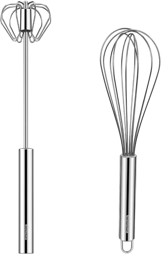NileHome Stainless Steel Whisk 8" Hand Blender + 10" Semi-Automatic Rotary Kitchen Whisk Kitchen Wisk Wire Whisks for Cooking, Whisking, Blending, Beating, Stirring- 2 Pack...