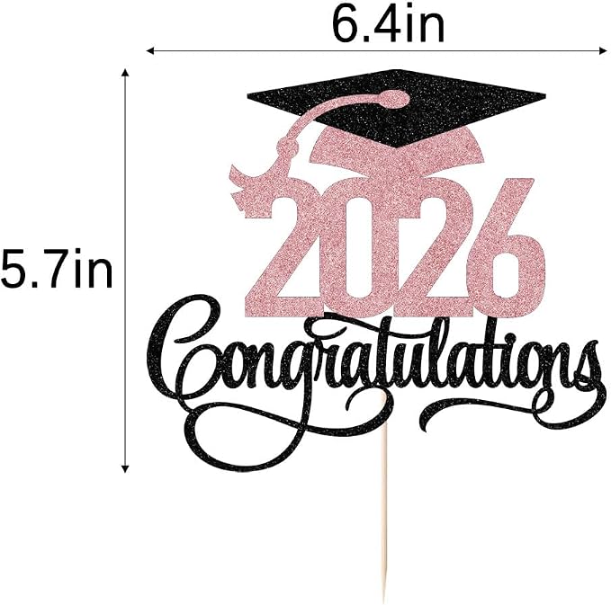 Black rose gold Glitter 2026 Congratulations Graduation Cake Topper,Congrats Grad Cake Decor - 2026 High School/College/Senior Graduation Party Decorations Supplies