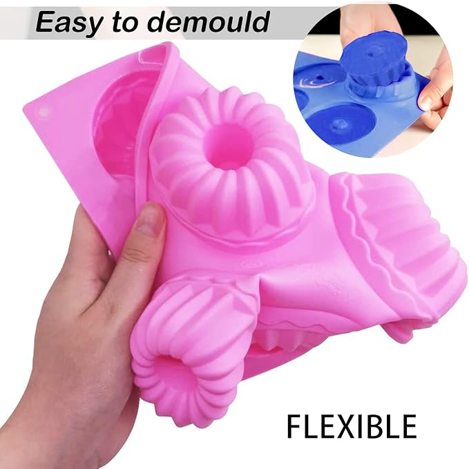 Silicone Mini Cake Pans, 6-Cavity Fluted Tube Cake Pan, Non-stick Silicone Baking Mold for Cupcakes, Donuts, Cornbread, Jellies-2 Packs (Pink, Blue)