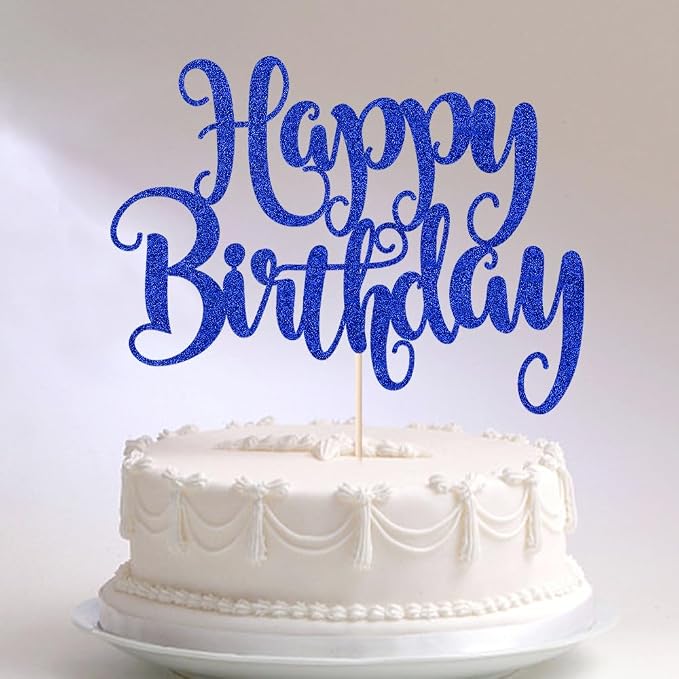 Happy Birthday Cake Topper- Glitter Happy Birthday Cake Decor, Handmade Anniversary/Birthday Party Supplies (Deep blue)