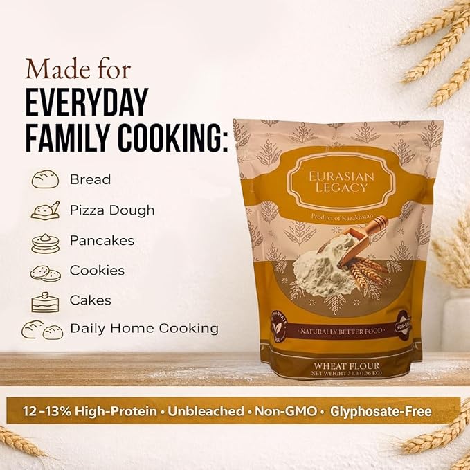 Eurasian Legacy Imported Lab-Tested Glyphosate-Free Wheat Flour, High-Protein, Unbleached, Non-GMO, for Bread, Sourdough & All-Purpose Baking, 3 lb