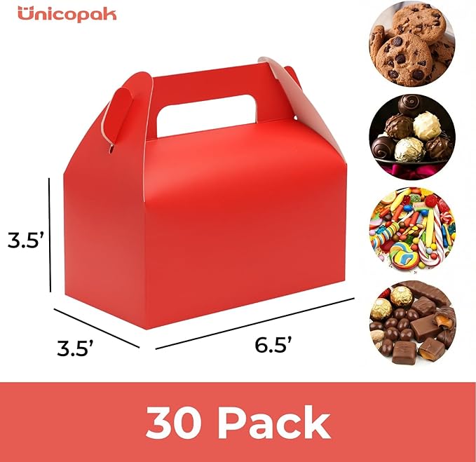 UnicoPak 30 Pack Red Party Favor Bag Boxes, Gable Gift Boxes for Treats Goodies Candies Cookies, Ideal for Red Party Favors, Theme Birthday Party, Valentine's Day, 6.5x3.5x3.5 Inches