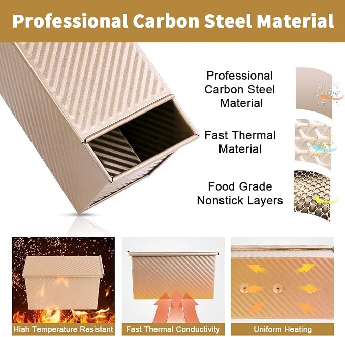 Amagabeli Pullman Loaf Pan with Lid Nonstick Bakeware 9”x4” Carbon Steel Corrugated 1 lb Bread Toast Box Mold for Cooking Oven Baking Roasting Toaster Bake Mold Homemade Cakes Baking Golden