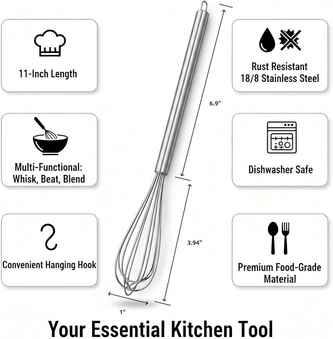 11-Inch Slim French Whisk – 18/8 Stainless Steel Wire Whip with Long Handle – Narrow Stirrer for Mason Jars, Coffee & Cocktails – Small Whisk for Eggs, Sauces, Dressings & Nut Butters