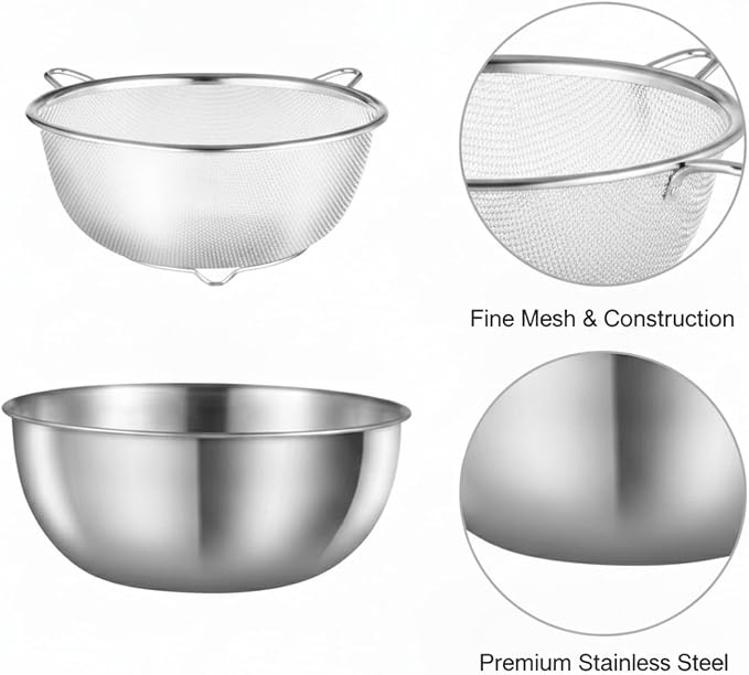 Stainless Steel Mixing Bowl Set with Nested Strainer for Washing, Draining, and Food Prep