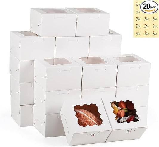 20 Pack Cookie Boxes with Window, 4x4x2.5 Inch White Bakery Box, Kraft Paper Treat Boxes for Pastries, Cookies, Pie, Donuts, Macaron, Strawberry Boxes