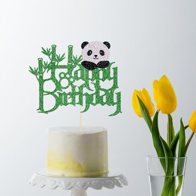 Panda Happy Birthday Cake Topper-Black Panda Bear Bamboo Birthday Cake Decoration Jungle Animals Theme Baby Shower Cake Decoration，Boys Girls Birthday Party Decoration Supplies