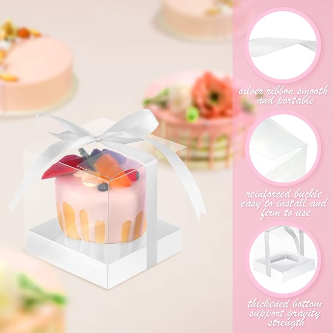 Thenshop 50 Pcs Clear Cupcake Boxes Individual 3.5 Inch Plastic Single Cupcake Containers Boxes with Inserts and Ribbon Individual Cake Storage Holders for Cake Kitchen(White)
