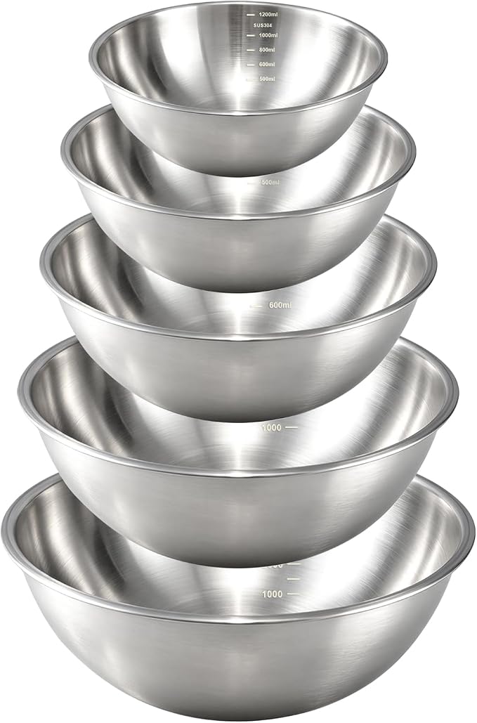 Gronivex 304 Stainless Steel Mixing Bowls, 5-Piece (1.5-5.3 Qt) | Thicker-Gauge, Food-Grade Metal, Stackable Nesting & Space-Saving – Ultimate for Large Family Baking or Party Cooking