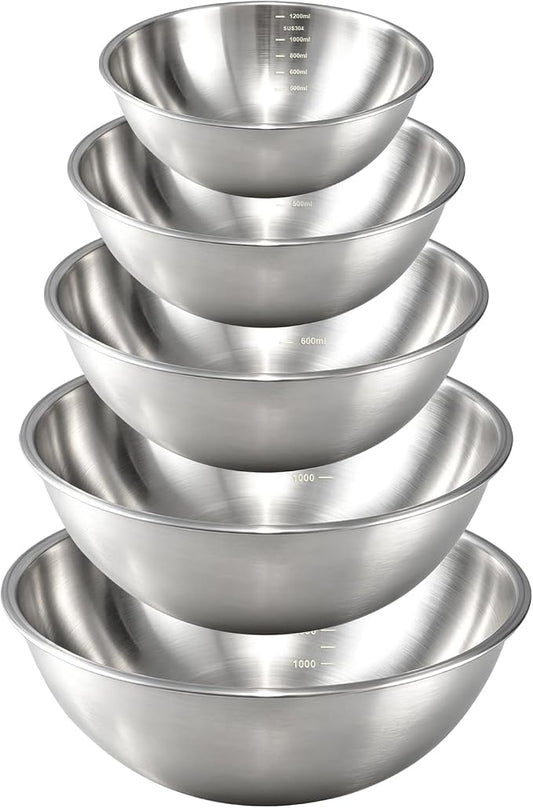 Gronivex 304 Stainless Steel Mixing Bowls, 5-Piece (1.5-5.3 Qt) | Thicker-Gauge, Food-Grade Metal, Stackable Nesting & Space-Saving – Ultimate for Large Family Baking or Party Cooking