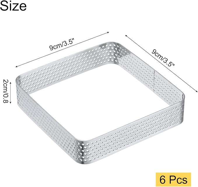 uxcell 6pcs Square Perforated Cake Rings 3.5 x 3.5 Inch Stainless Steel Cake Pastry Mousse Ring Molds for DIY Cake Dessert Mousse Pastries Baking, Silver Tone