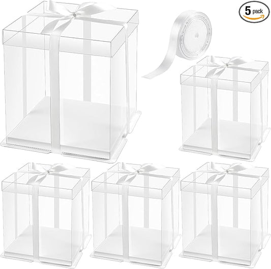 Ocmoiy 8x8x9Inch Clear Cake Box, 5 Pcs Cake Boxes with Ribbon Suitable for Packaging 6 Inch Cake, Disposable Cake Holder Carrier for Wedding, Birthday, Party