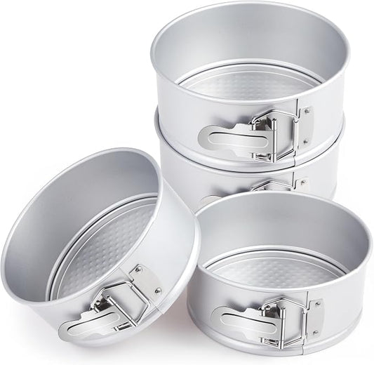 Funnymoom 4 Pcs 6 Inch Non Stick Springform Pan with Removable Bottom Carbon Steel Round Springform Cheesecake Pan with Stainless Steel Spring Buckles for Baking Kitchens Restaurant(Silver)
