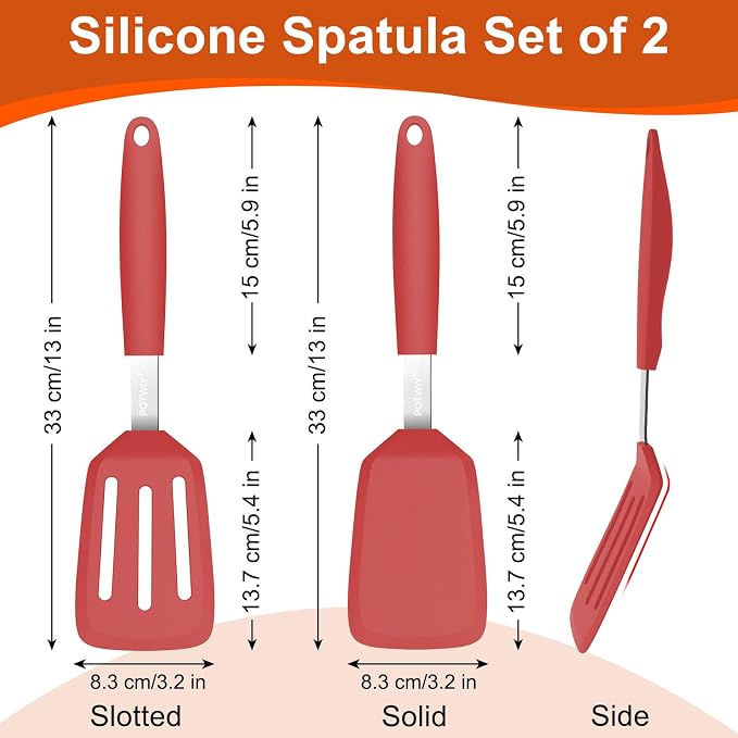 2 Pack Silicone Kitchen Spatula Set, 600°F Heat Resistant (Red) | BPA Free, Solid & Slotted Turner, Non-Toxic Cooking Utensils, Safe for Non Stick Frying Pan, Dishwasher Safe