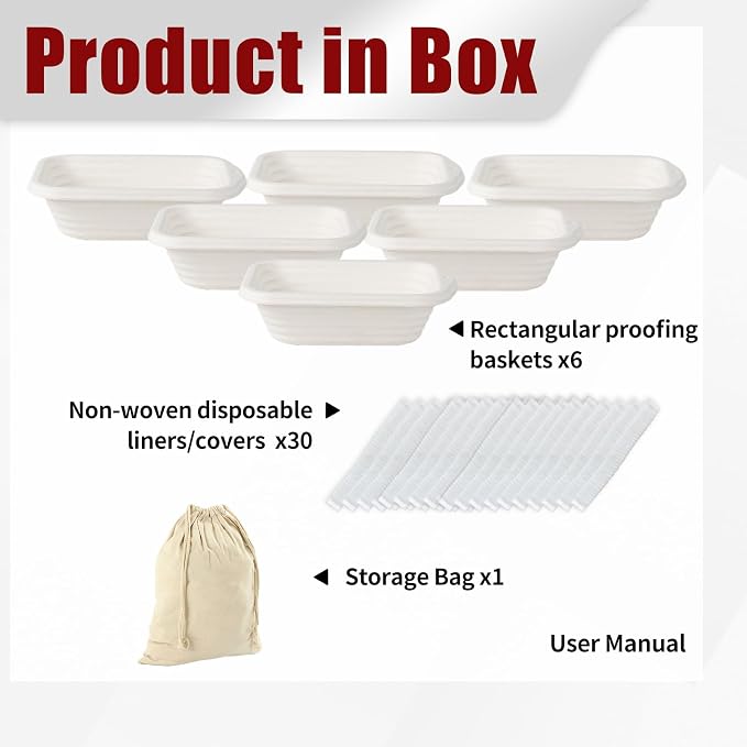 Sourdough Banneton Bread Proofing Basket - 6 x 8 Inch Rectangular Pulp Brotform with 30pcs Non-woven Liner Cover for Professional & Home Baking