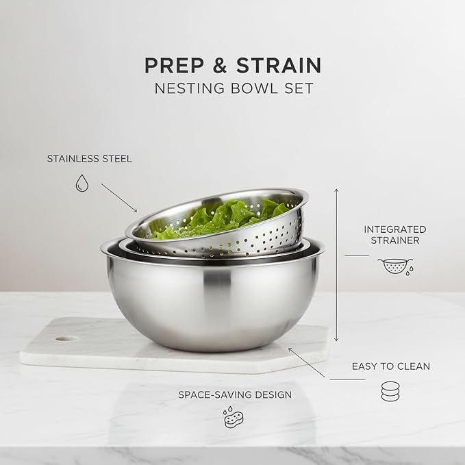 Stainless Steel Mixing Bowl Set with Nested Strainer, 2-in-1 Prep Basin for Washing, Draining, and Mixing