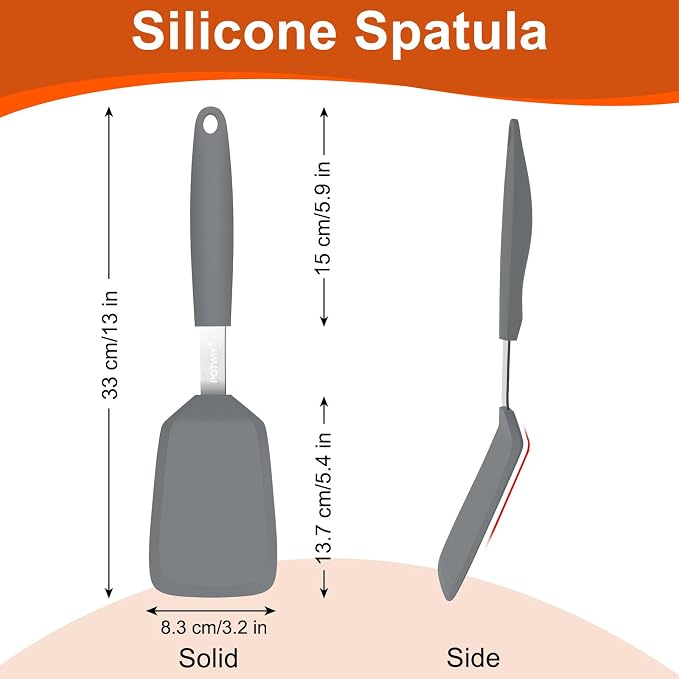 Silicone Spatula, 13 x 3.2 In, 600°F Heat Resistant (Gray) | Flexible Turner, BPA Free, Non Scratch for Non Stick Frying Pan, Kitchen Cooking, Flipping, Dishwasher Safe