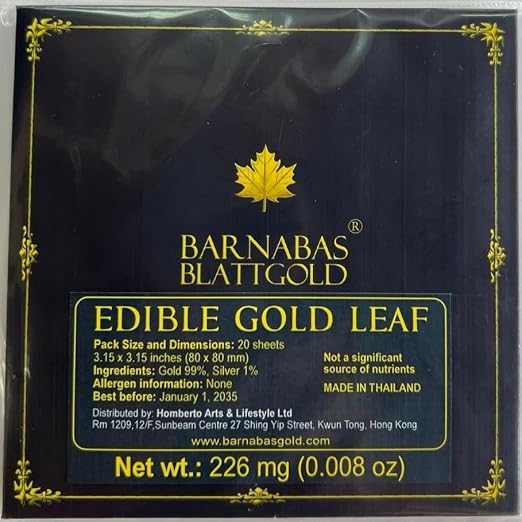 Barnabas Blattgold Edible Cake Decorations 23.75K Gold Leaf - Loose Gold Leaf Sheets for Cupcakes - 3.1 inches, Book of 20