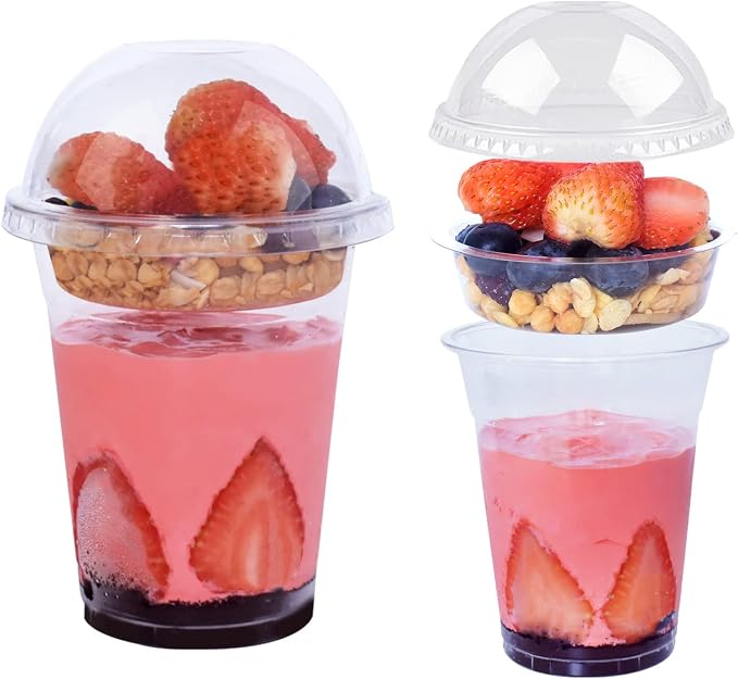 50 Sets 12 oz Clear Plastic Cups with Insert & Dome Lids(NO HOLE) - Disposable Parfait Cups with Lids for Fruit Yogurt Smoothie Iced Cold Drinks Dips and Veggies, No Leaking