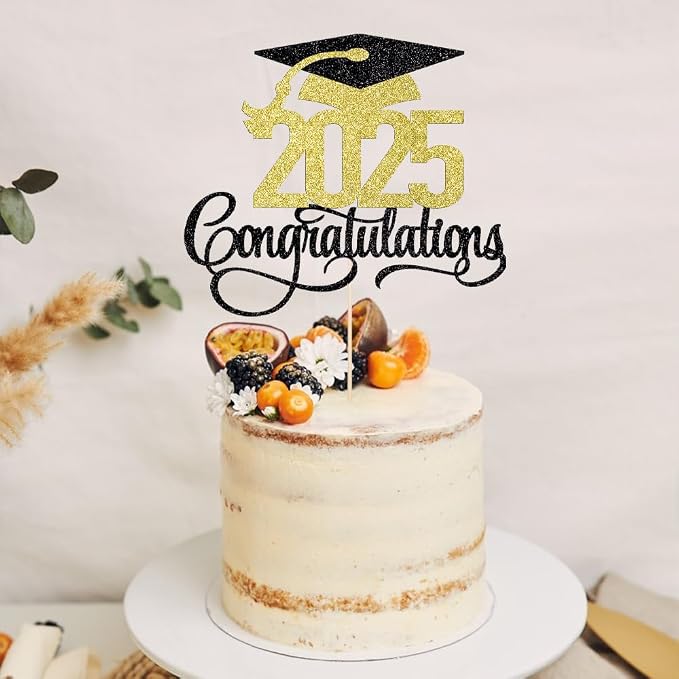 Black Gold Glitter 2025 Congratulations Graduation Cake Topper,Congrats Grad Cake Decor - 2025 High School/College/Senior Graduation Party Decorations Supplies