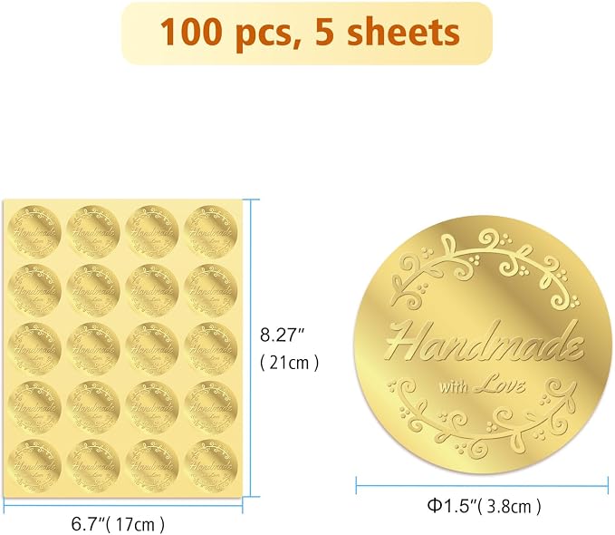 100Pcs Embossed Favor Stickers Labels, Gold Foil Tags Envelope Seals, Wedding Invitation Decor Foil Party Favor Stickers for Sealing Awards Embossing Certificates 1.5 Inch, Handmade with Love