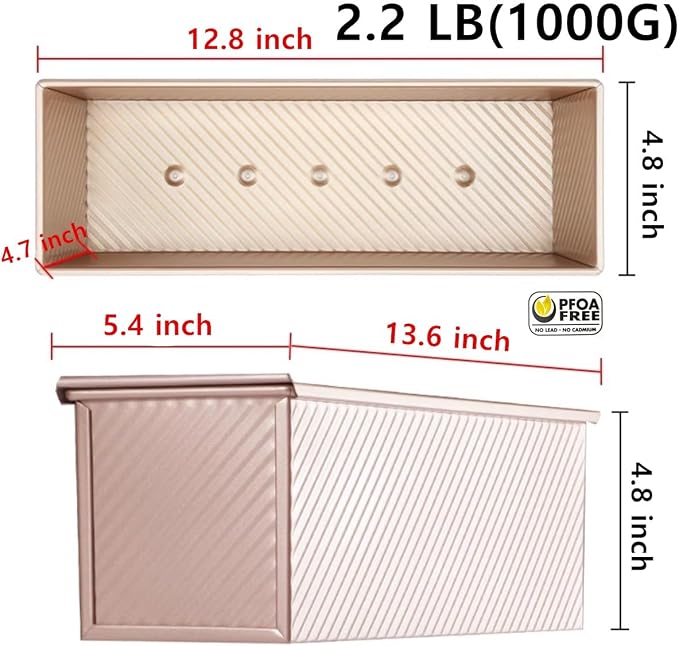 Pullman Loaf Pan with Lid Non-Stick Toast Mold Rectangle Corrugated Bread Cake Oblong Mould with Cover for Oven Baking (2.2Lb Dough Capacity)