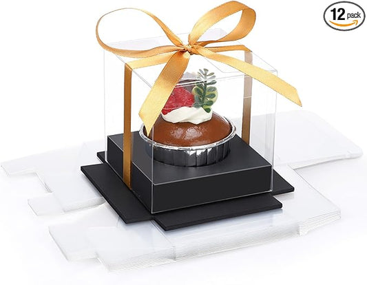 EUSOAR Cupcake Containers, 12 Pcs 3.5 Inch Single Individual Pastry Cupcake Boxes Transparent with Inserts, Clear Dessert Muffin Holder Disposable Cake Carrier for Wedding Party Favor Decor-Black/Gold