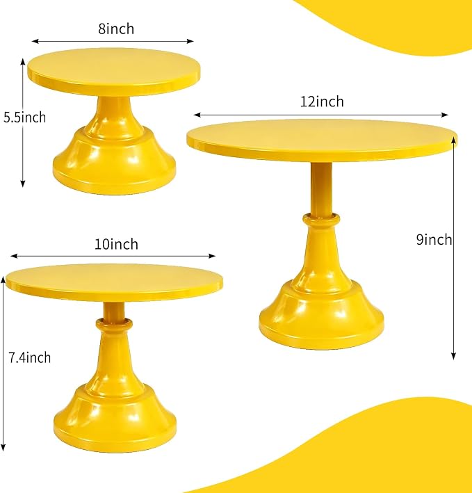 3 Pcs Cake Stand Set Metal Round Cake Holder Cupcake Stands 8/10/12 inch Yellow Dessert Display Stands Dessert Table Decorations for Birthday Parties, Baby Shower,Wedding Banquets and Anniversary
