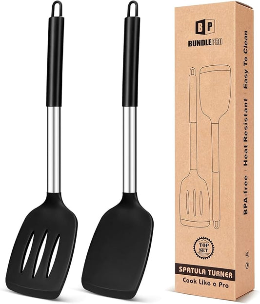 Pack of 2 Silicone Solid Turner, Non Stick Slotted Kitchen Spatulas, High Heat Resistant BPA Free Cooking Utensils, Ideal Cookware for Fish, Eggs, Pancakes(Black)