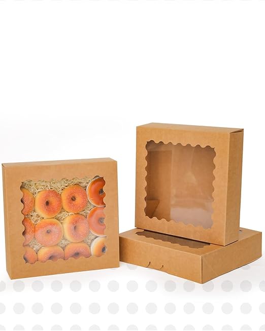 qiqee Auto-pop Up 90pcs Brown Pastry Box With Window Donut Pie Boxes 8"x8"x2.5" Bakery Box