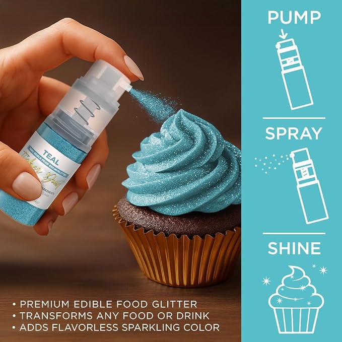 Bakell - Teal Tinker Dust (4g, 1x Mini Spray Pump) Edible Glitter for Food, Desserts, and Baked goods!