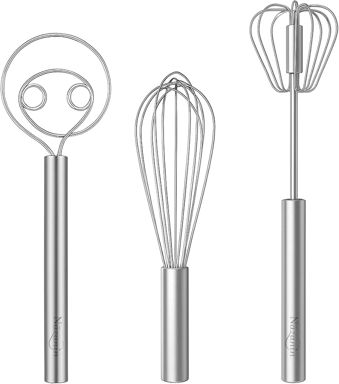 NAZANIN 3-Piece Premium Whisk Set - 304 Stainless Steel Danish Dough Whisk, Semi-Automatic Push Egg Beater, & Balloon Whisk - Professional Battery-Free Baking Tools & Bread Making Gift Set