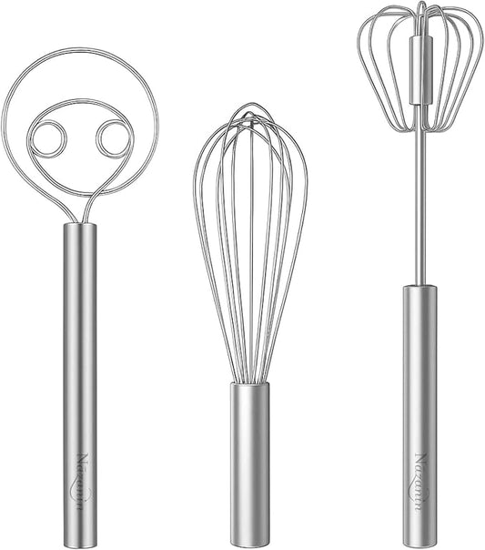 NAZANIN 3-Piece Premium Whisk Set - 304 Stainless Steel Danish Dough Whisk, Semi-Automatic Push Egg Beater, & Balloon Whisk - Professional Battery-Free Baking Tools & Bread Making Gift Set