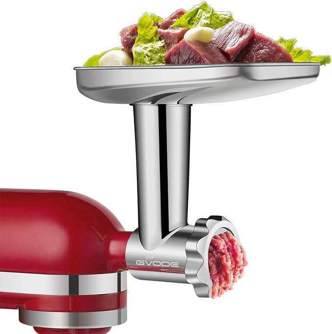 GVODE Stainless Steel Meat Grinder Attachment for KitchenAid Stand Mixer, Food Grinder attachment with 4 Grinding Plates, 3 Sausage Stuffer Tubes, 2 Grinding Blades, Mixers Accessories for Kitchen Aid