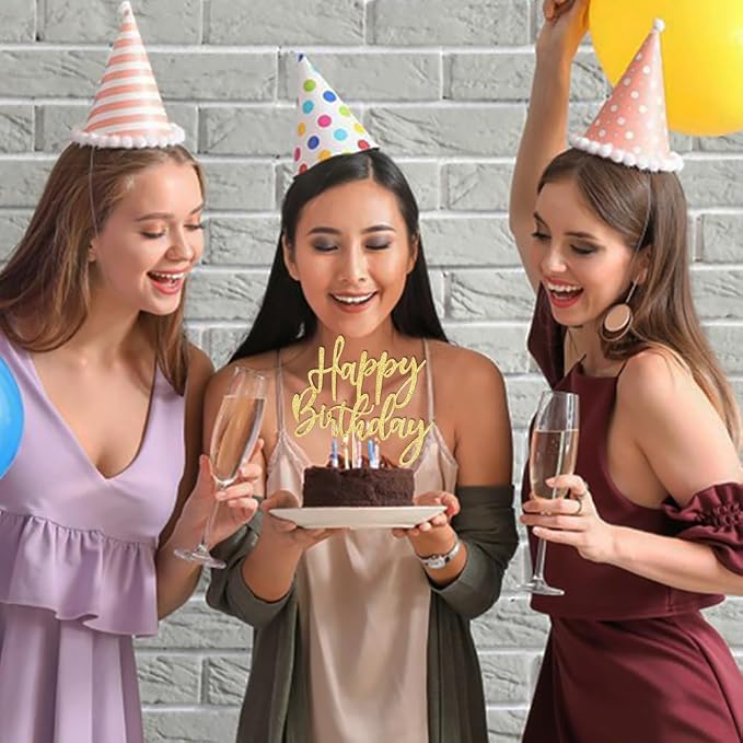 LVEUD Glitter Happy Birthday Cake Topper, Cake Decoration Suitable For Party Decoration - Anniversary/Birthday (Golden)