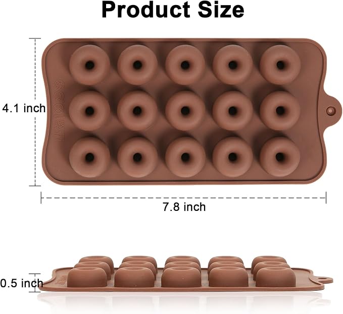 Mini Donut Silicone Molds, 2 Pcs Chocolate Molds with Donut Shapes for Making Chocolate/Candy/Gummy/Jelly, Food Grade Candy Mold with 15 Cavities Mini Doughnuts for Fruit Snacks