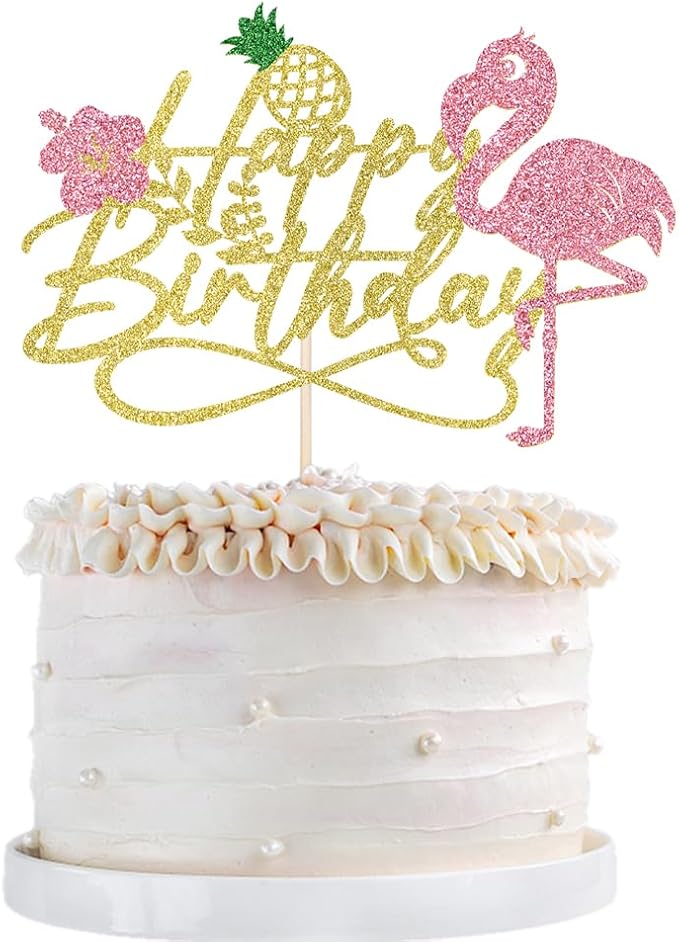 1 PCS Flamingo Happy Birthday Cake Topper-Glitter Palm Tree Turtle Leaf Flower Pineapple Flamingo Cake Pick Decorations,Tropical Hawaiian Luau Theme Baby Shower Boys Girls Party Decoration Supplies