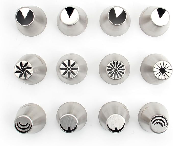 34 Pieces Stainless Steel Russian Flower Icing Tips Set,12 Special Russian Piping Nozzles,1 Cleaning Brush,1 Plastic Coupler,10 Silicone Cupcakes Mold,10 Disposable Pastry Bags for Cake Decorations