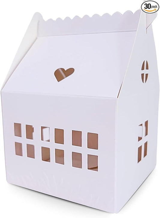30 Pcs Cottage House Cookie Boxes with Window & Business Card Holder, White, 4 x 4 x 6 in Bakery Gift Boxes for Treats, Desserts, Party Favors & Realtor Pop By Gifts