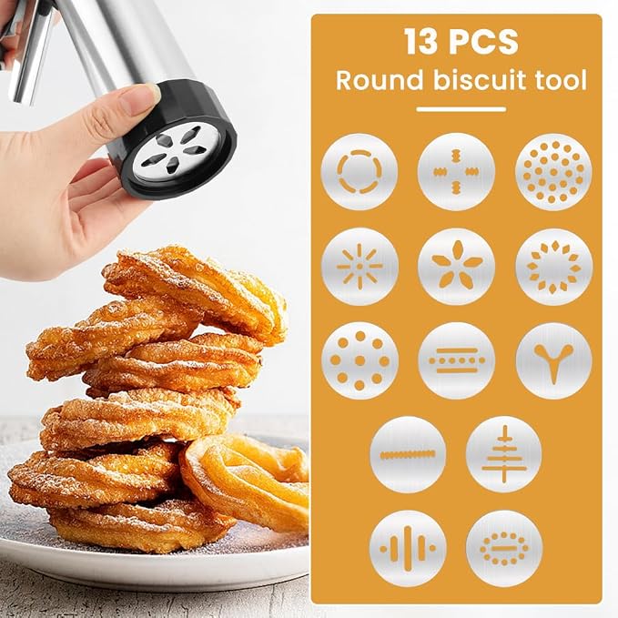 Cookie Press Gun Kit, Stainless Steel Hand Press, 13 Discs, 8 Tips | Includes 1 press gun 2 cleaning brushes, For spritz cookies icing and egg filling, No storage case included