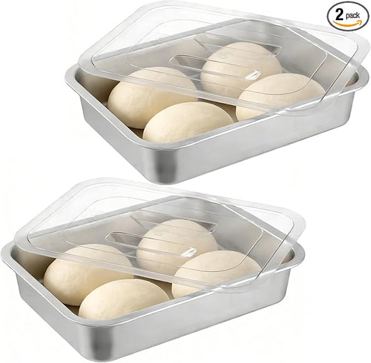 2 Pcs Pizza Dough Proofing Box -14.1x10.6 Inch Stainless Steel Pizza Dough Trays with Clear Lid, Household Pizza Bread Proofing Storage Container, Fits 4-6 Dough Balls