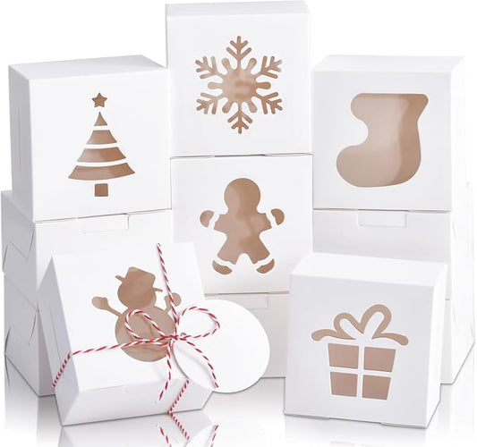 COTOPHER 18Pcs Christmas Cookie Boxes with Window, 6x6x3 inch White Bakery Boxes for Gift Giving, XMAS Treat Boxes Holiday Pastries Boxes for Cakes Muffins Donuts Chocolate Strawberries