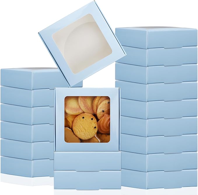 Zonon 60 Pcs Kraft Paper Boxes with Window 4.13 x 4.13 x 1.18 Inch Candy Packaging, Small Gift Boxes, Soap holder, Mini Treat Packaging for Bakery Chocolate Jewelry Display (Blue)