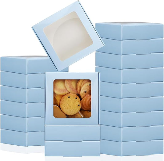Zonon 60 Pcs Kraft Paper Boxes with Window 4.13 x 4.13 x 1.18 Inch Candy Packaging, Small Gift Boxes, Soap holder, Mini Treat Packaging for Bakery Chocolate Jewelry Display (Blue)