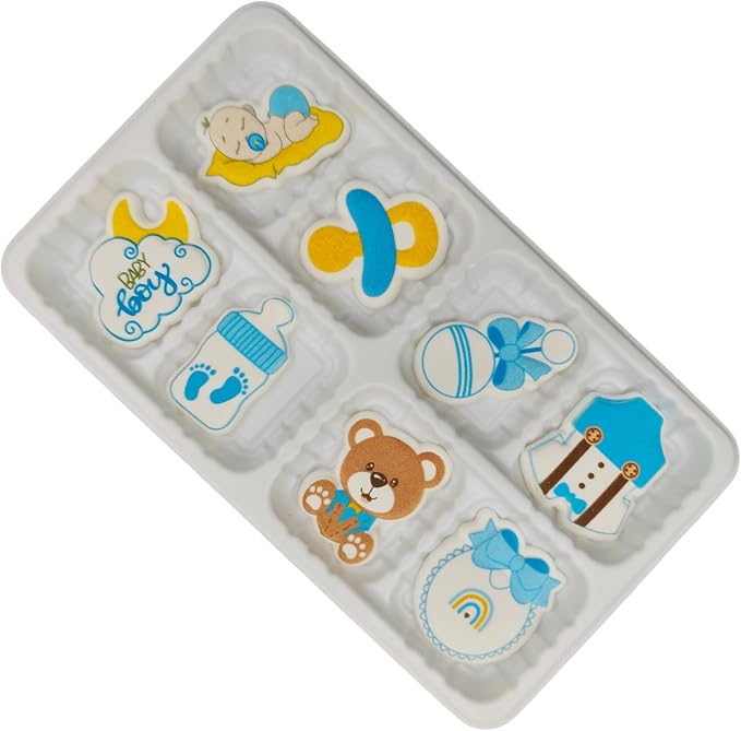 Edible 8 pieces Baby Shower for Baby Boy cake decorations, cupcake toppers, perfect Icing Cookies decro for Birthday Reveal party Team Dinner