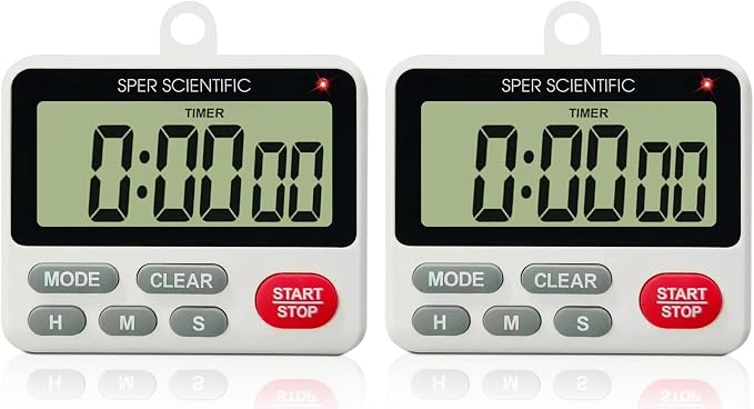 Sper Scientific 24-Hour Digital Lab + Kitchen Timer with LED Light 810001 - Precision Countdown Timer with Large Display, Loud Alarm & Clock Mode - for Cooking, Lab Experiments & More - 2 pc