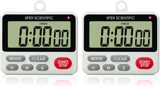 Sper Scientific 24-Hour Digital Lab + Kitchen Timer with LED Light 810001 - Precision Countdown Timer with Large Display, Loud Alarm & Clock Mode - for Cooking, Lab Experiments & More - 2 pc
