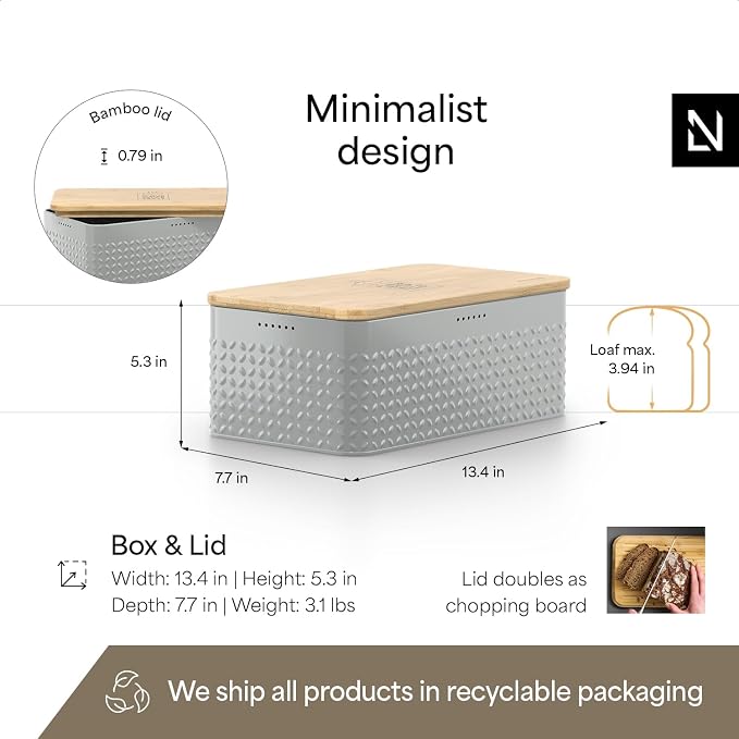 LARS NYSØM Bread Box I Metal Box for long lasting freshness I Bread Bin with bamboo lid usable as cutting board I 13.4x7.7x5.3In (Pebble Gray)
